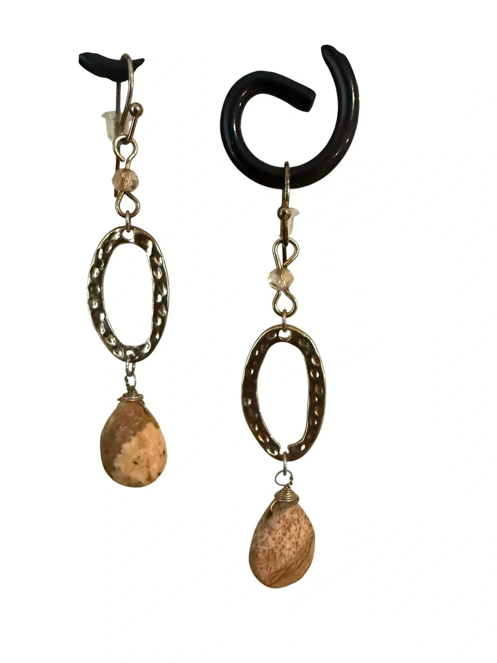 Handcrafted Artisan Hammered Gold Oval Drop Earrings Natural Stone Pendant